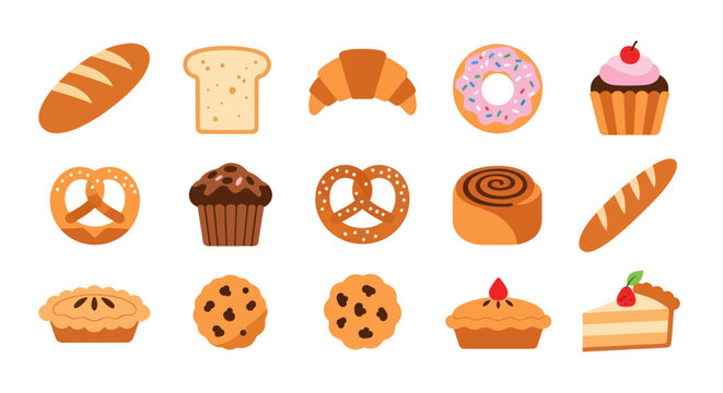 Bakery items collection bread pastries and baked goods vector illustration