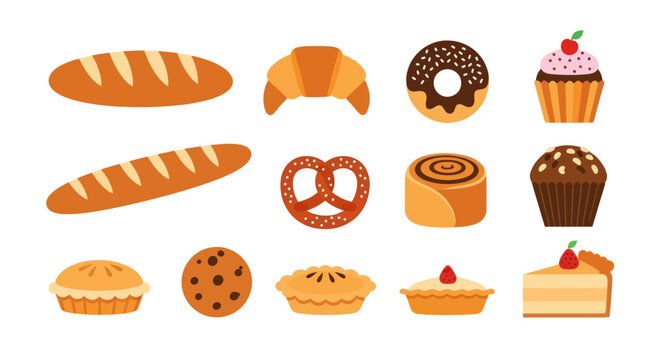 Bakery items illustration various bread pastries desserts isolated white