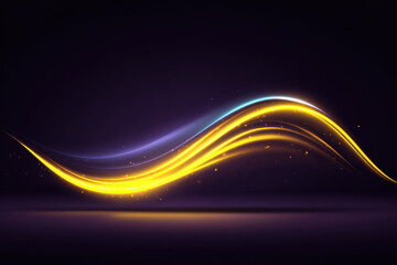Abstract Glowing Waveform With Yellow And Blue Light Trails On Dark Purple Background