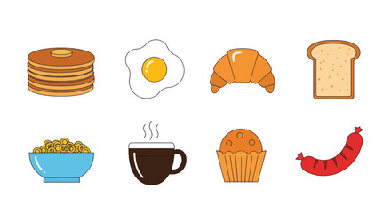 Breakfast food icons pancakes egg croissant toast cereal coffee muffin sausage
