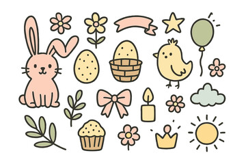Collection of Easter themed cartoon characters and symbols