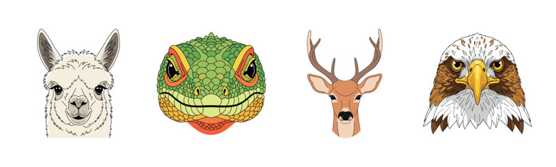 Obraz premium Colorful animal faces: llama, gecko, deer, eagle illustrations in a row