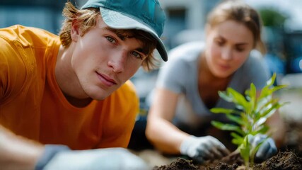 Young volunteers planting small trees outdoors, working together to support environmental conservation