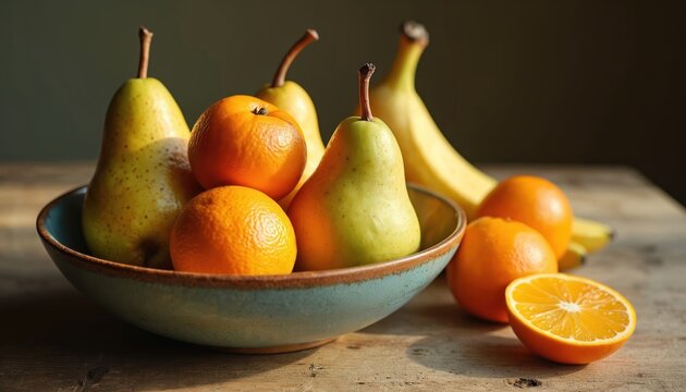 Still life arrangement of pears, oranges, and bananas in a rustic bowl on a wooden table. The colorful fresh fruits look ripe and ready to eat, suggesting a healthy diet.