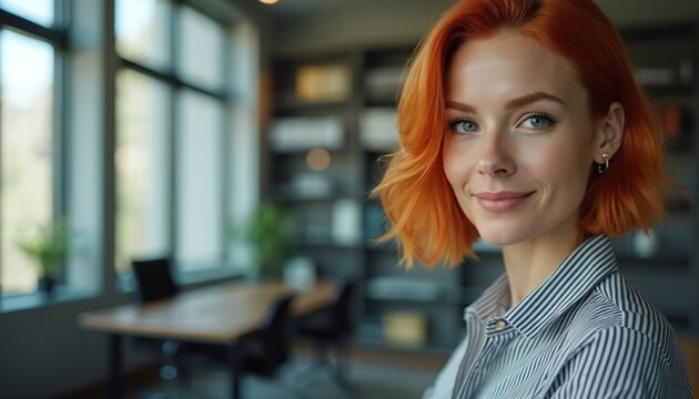 Orange haired businesswoman smiles in office. She works in corporate environment, looking confident and approachable. Pro woman in striped shirt.