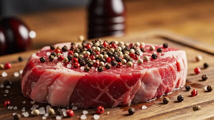 4K Video of a Delicious Raw Beef Steak Seasoned with Salt and Pepper on a Wooden Board