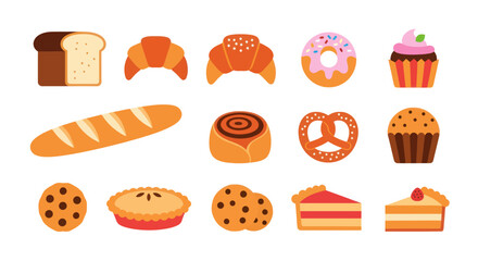 Assorted baked goods collection bread pastries desserts in vector illustration