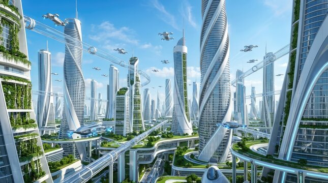 Aerial view of futuristic metropolis with flying vehicles and green spaces between the buildings