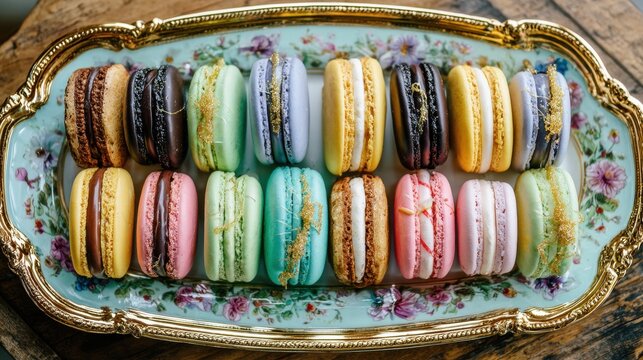 Assorted gourmet macarons displayed on ornate vintage platter - Powered by Adobe