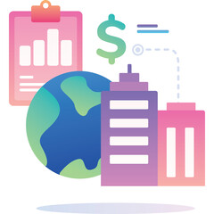 Financial Growth And Global Business Expansion Concept With Buildings And Earth Globe Illustration In Gradient Colors And Transparent Background