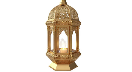 Ornate golden moroccan lantern with a lit candle inside, featuring intricate metalwork and a domed top, isolated on transparent background for easy integration into festive or cultural designs