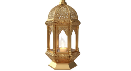 Ornate golden moroccan lantern with a lit candle inside, featuring intricate metalwork and a domed top, isolated on transparent background for easy integration into festive or cultural designs