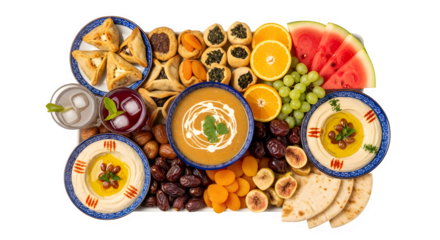 A vibrant overhead view of a traditional middle eastern iftar platter featuring hummus, soup, pastries, dates, dried fruit, fresh grapes, orange slices, and watermelon, isolated on transparent backgro
