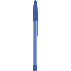 A simple blue ballpoint pen with a clip rests vertically on a plain white background illuminated by soft even lighting showcasing its smooth plastic casing and pointed tip ideal for design and