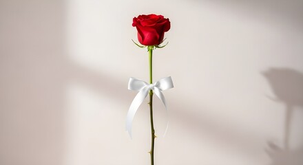 Obraz premium A single red rose with a white bow tied around the stem against a neutral background with shadows