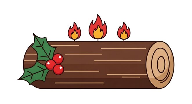 Christmas Yule log with holly and flames