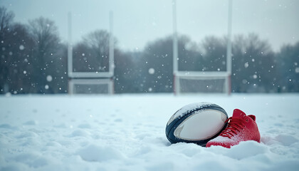 Rugby ball and red cleat rest on a snowy field with goalposts. Snowfall covers the sports ground during winter. Cold weather equipment lies outside, ready for a team game or training on a frosty day.