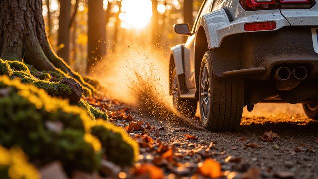 Car kicks up dust on forest path during sunset, surrounded by autumn leaves and mossy ground, creating serene and adventurous atmosphere