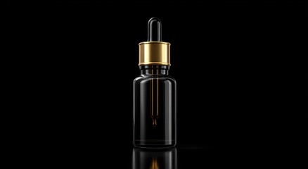 Glass dropper bottle with gold accents on black background