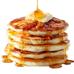 Stack of Fluffy Pancakes with Melting Butter and Dripping Maple Syrup Isolated on Transparent Background
