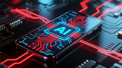 Smartphone lying on a reflective black surface glowing with holographic AI interface graphics.