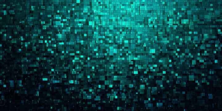 Teal and dark blue glowing digital mosaic pattern creates an abstract futuristic background texture