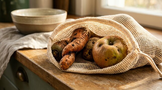 Sustainable imperfect produce in mesh bag for food beverage and visual culture