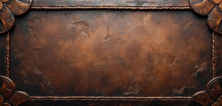 Dark brown textured surface with cracked plaster and rope border. Ornate corner details add vintage appeal. Ideal for backgrounds, grunge designs, or aged themes.