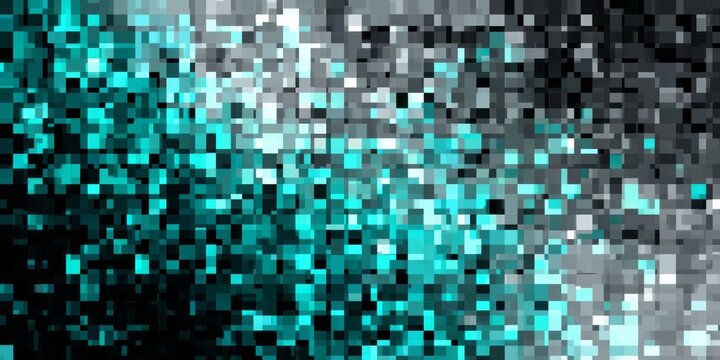 Mosaic of abstract square shapes displays a dynamic color transition from deep black and bright cyan to light gray.