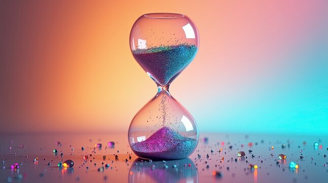 A crystal-clear glass hourglass filled with colorful glowing particles flowing from the top chamber to the bottom, creating a sense of motion and time passing.