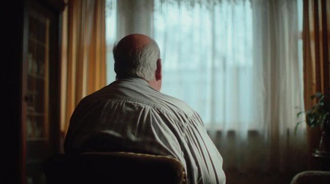 Elderly man sits quietly by window, reflecting on life's journey, in a moment of peaceful contemplation