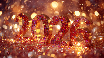 Banner. Shiny gold numbers 2026 and a beautiful bokeh on a dark background. The fiery horse is the symbol of the year. Happy New Year and Merry Christmas.