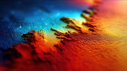 An abstract, textured landscape with a gradient of colors from deep blue to fiery red and orange, suggesting a topographical map or a cosmic nebula.