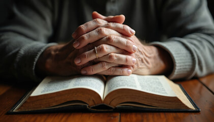 Elderly man with wrinkled hands folded in prayer over open Bible on wooden table. Senior person reads holy book with faith and hope. Closeup of hands with wedding ring on finger.