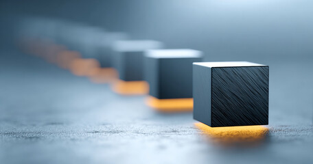Row of black metallic cubes with glowing orange bases arranged in a diagonal line on a textured surface with shallow depth of field