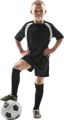Young soccer player posing with foot on ball on transparent background. Concept of school team visuals, sports education, youth football promotion, and training materials. © master1305