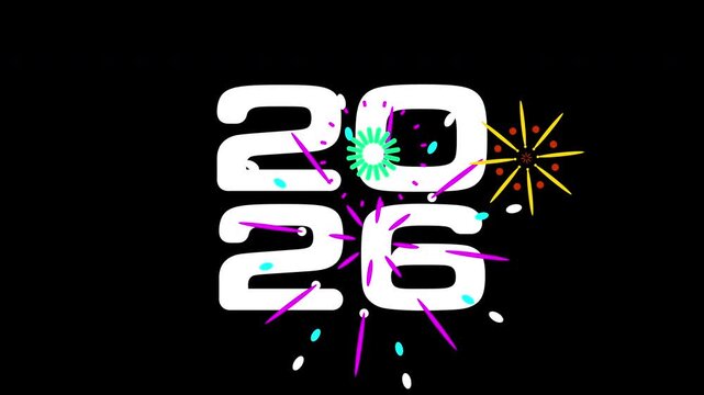 white simple 2026 tex with colorfull firework explosion animation video 4K