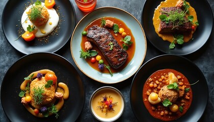 Fine dining plating art. Gourmet dishes feature meat, poultry, soup. Chefs meticulously arrange food with sauces, herbs, garnishes. Elegant presentation for special occasions, restaurant menus.