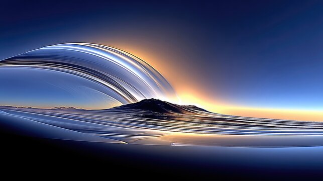 An abstract, metallic wave-like structure curves over a dark mountain silhouette against a vibrant sunrise sky, with a serene, reflective foreground.