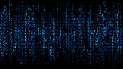 Digital stream of illuminated blue binary code cascades down a dark background