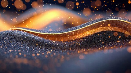 An abstract background featuring undulating waves of dark, granular material sprinkled with golden glitter and illuminated by soft, glowing orange light. Numero