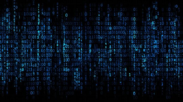 Digital stream of illuminated blue binary code cascades down a dark background