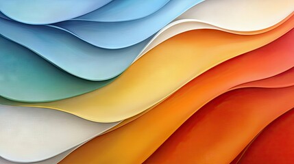A colorful abstract background featuring smooth, overlapping wavy layers in shades of blue, yellow, orange, and red, creating a sense of depth and motion.
