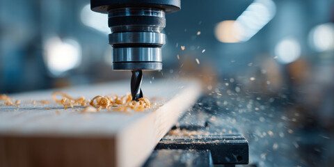 Close-up of a drill bit cutting into a wooden plank with wood shavings and sawdust flying in a workshop environment