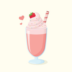Berry milkshake with whipped cream, colourful sprinkles topping, a wafer roll and a strawberry. Dessert drink in a glass vector illustration.