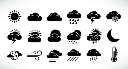 Weather Icons Set Forecast Symbols, Sun, Clouds, Rain, Snow, Thunder