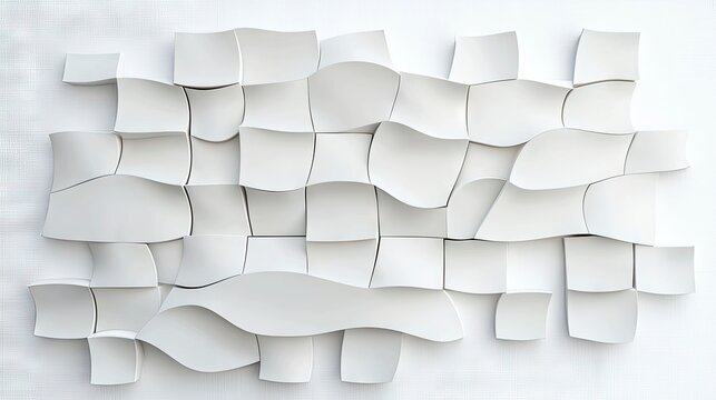 A detailed close-up of a modern white wall with an abstract, three-dimensional pattern of curved and angled panels, creating a dynamic and textured surface with - Powered by Adobe