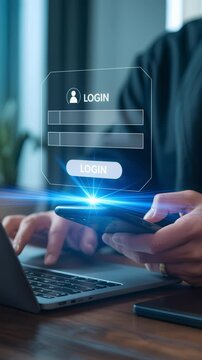 A cybersecurity login mobile phone laptop user authentication with password data protection technology office workspace glow featuring security authentication verification biometric two factor acc