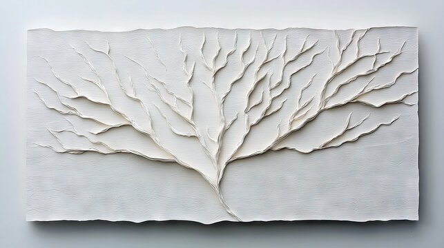 A minimalist, textured white sculpture resembling a bare tree with branching limbs against a neutral, textured background. The lighting is soft and diffused, cr