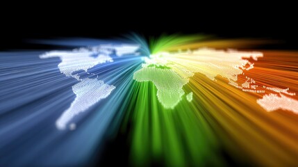 A digital representation of the world map, composed of glowing dots, emanates vibrant beams of light in blue, green, and orange against a dark background.
